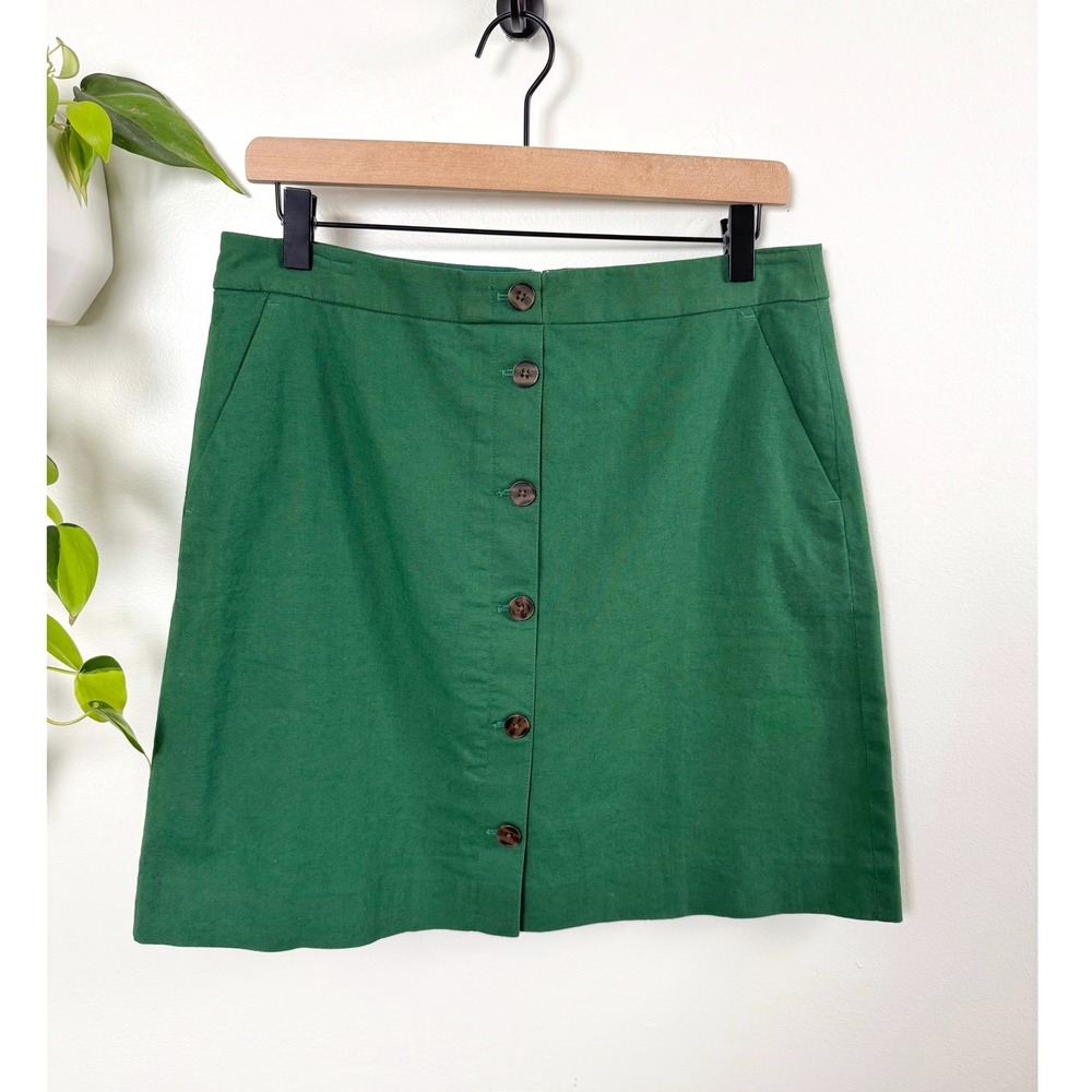J.Crew Green Linen Blend Button Front A-Line Skirt BR643 8 Preppy Minimalist NWT